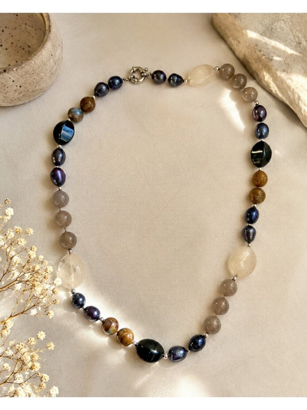 Vintage Beaded Semiprecious Gemstone Necklace Quartz Black Pearls Agate Jasper